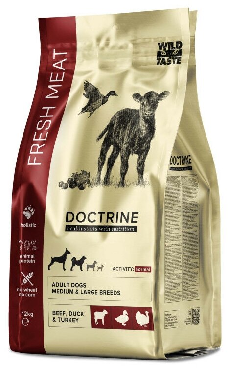 Doctrine сухой корм для взрослых собак средних и крупных пород, с индейкой, говядиной и уткой, со свежим мясом - 12 кг