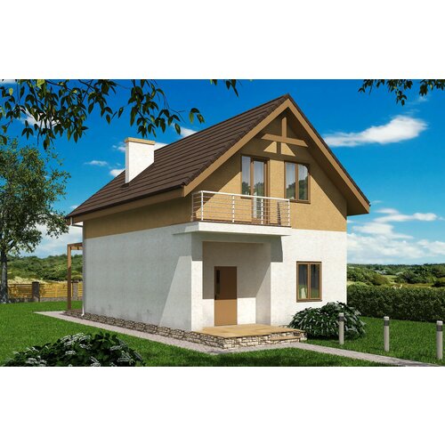 Одноэтажный дом с мансардой, французским балконом и террасой (104 м2, 16м x 7м) Rg5851