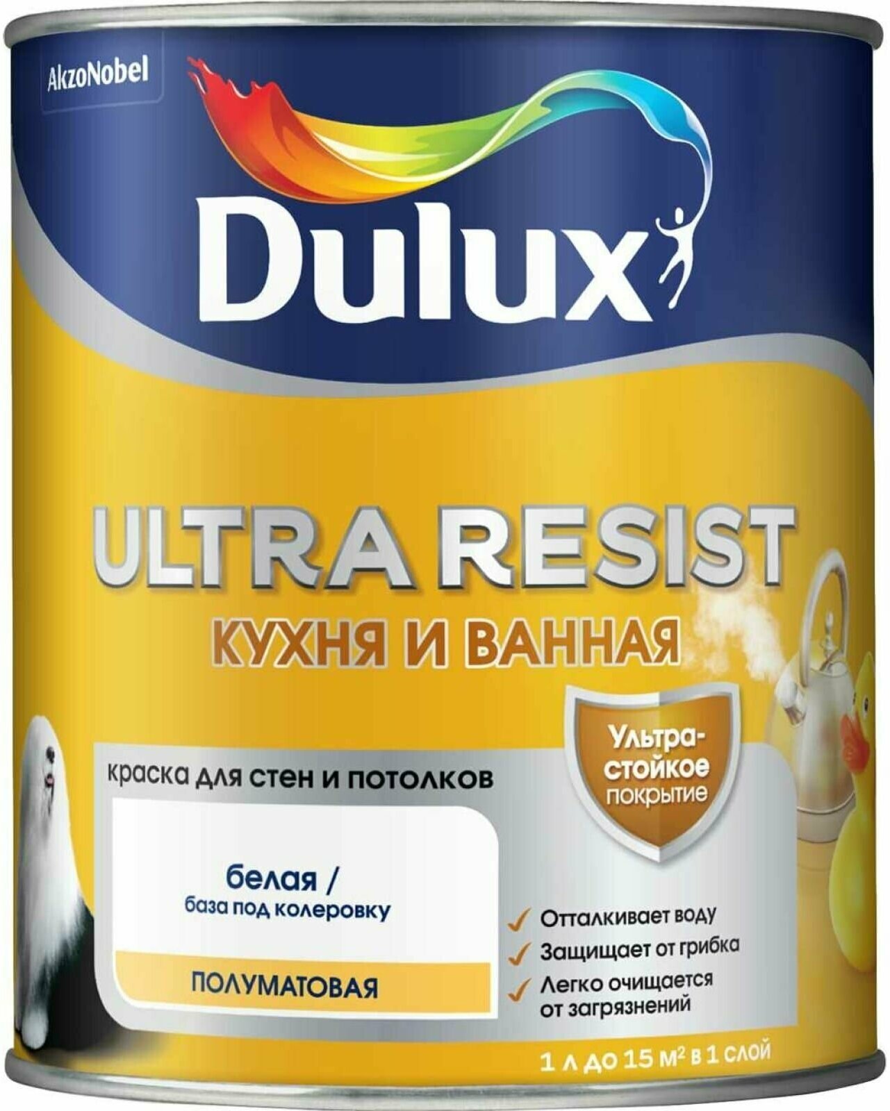 Краска для кухни и ванной латексная Dulux Ultra Resist полуматовая база BW 1 л.