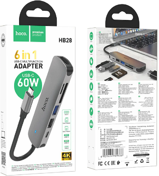 Кабель-переходник Hoco HB28 Type-C на HDMI/USB3.0/USB2.0/USB-C/MicroSD/SD серый