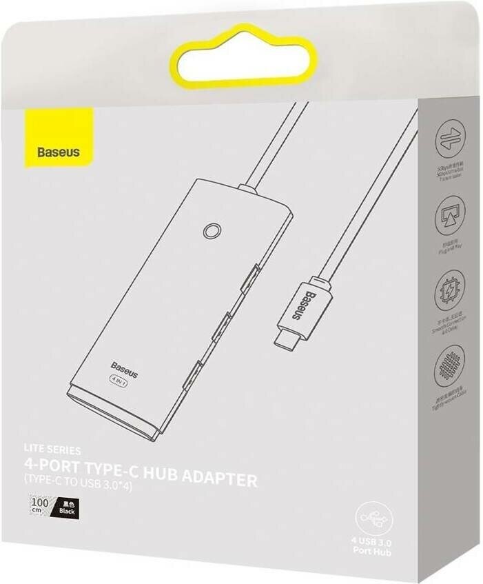 Хаб Baseus Lite Series 4-Port USB-A HUB Adapter (USB-A to USB 30x4 ) 1м (WKQX030401) черный