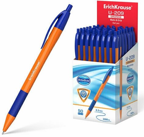 Ручка шариковая масляная автоматическая с грипом ERICH KRAUSE "U-209 Orange", синяя, узел 1,0 мм, линия письма 0,3 мм, 47593 (арт. 143899)