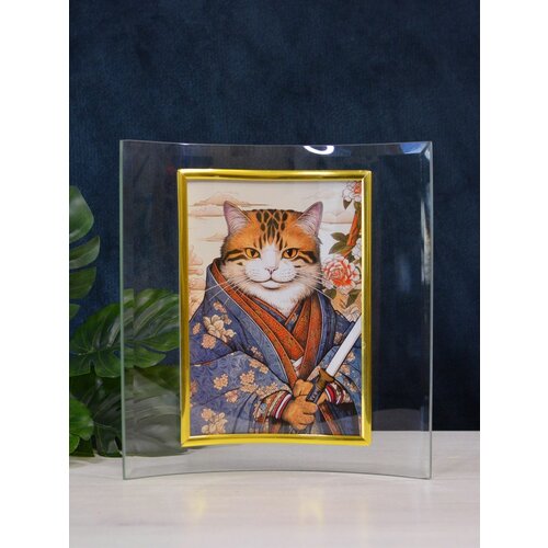 Постер интерьерный, коты самураи в японском стиле, кот воитель Хироки, плакат настольный в стеклянной рамке 13 x 18 см