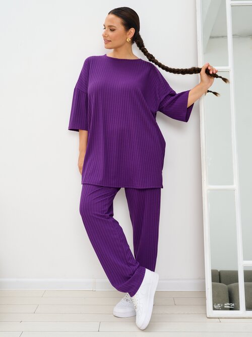 Костюм maxroses, футболка и брюки, повседневный стиль, свободный силуэт, размер 60, фиолетовый