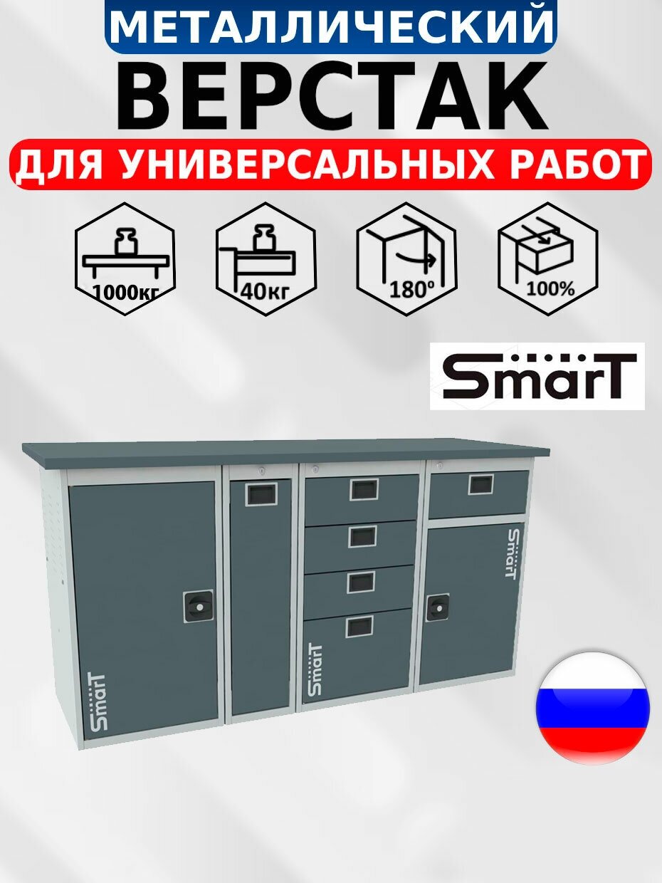 Слесарный верстак SMART 1760.4. P. Y.1-1 универсальный в гараж,864х1766х605