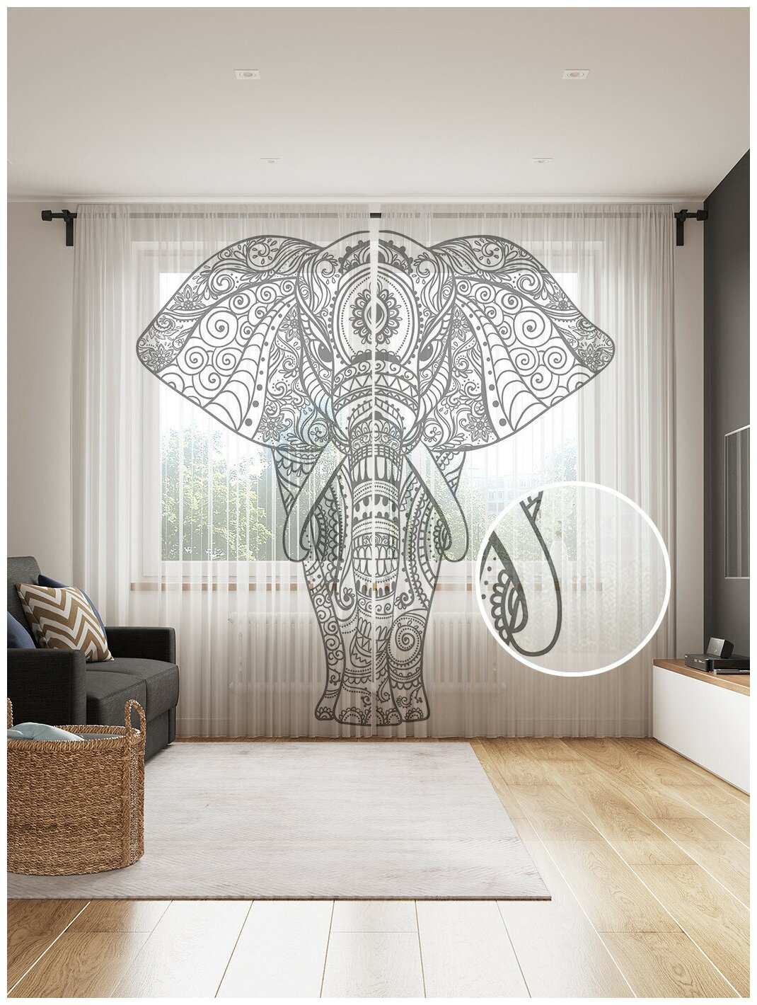 Тюль для кухни и спальни JoyArty "Стилистический слон", 2 полотна со шторной лентой шириной по 145 см, высота 265 см. - фотография № 1