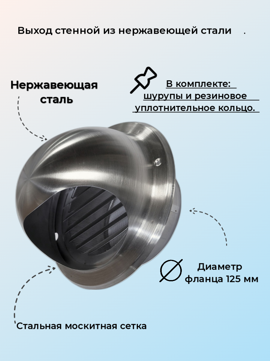 Выход стенной из нержавеющей стали D200, 125, с резиновым уплотнительным кольцом.
