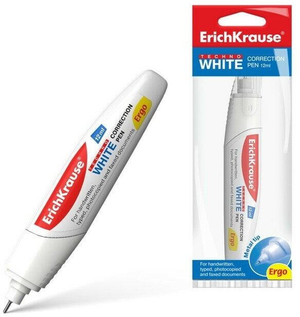 Ручка-корректор Erich Krause "Techno White Ergo", 12 мл, с металлическим наконечником, в пакетике