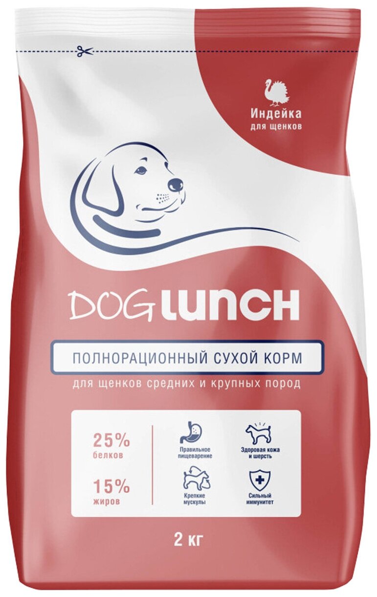 Корм сухой DogLunch для щенков средних и крупных пород с индейкой 2 кг