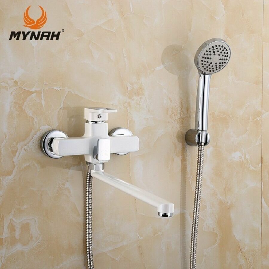 фото Смеситель для ванны MYNAH излив 350 мм. Керамический картридж с двойным уплотнением 35 мм. Шланг 1.5 м. Материал латунь.