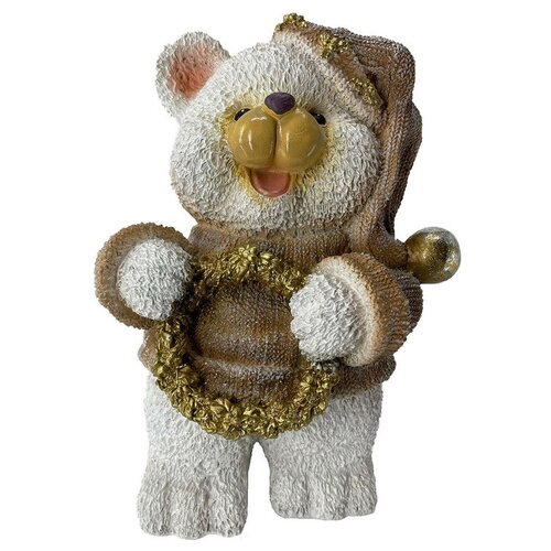 Новогодняя фигурка, статуэтка из полистоуна 'Мишка с венком в руках 12x22x30 см'.