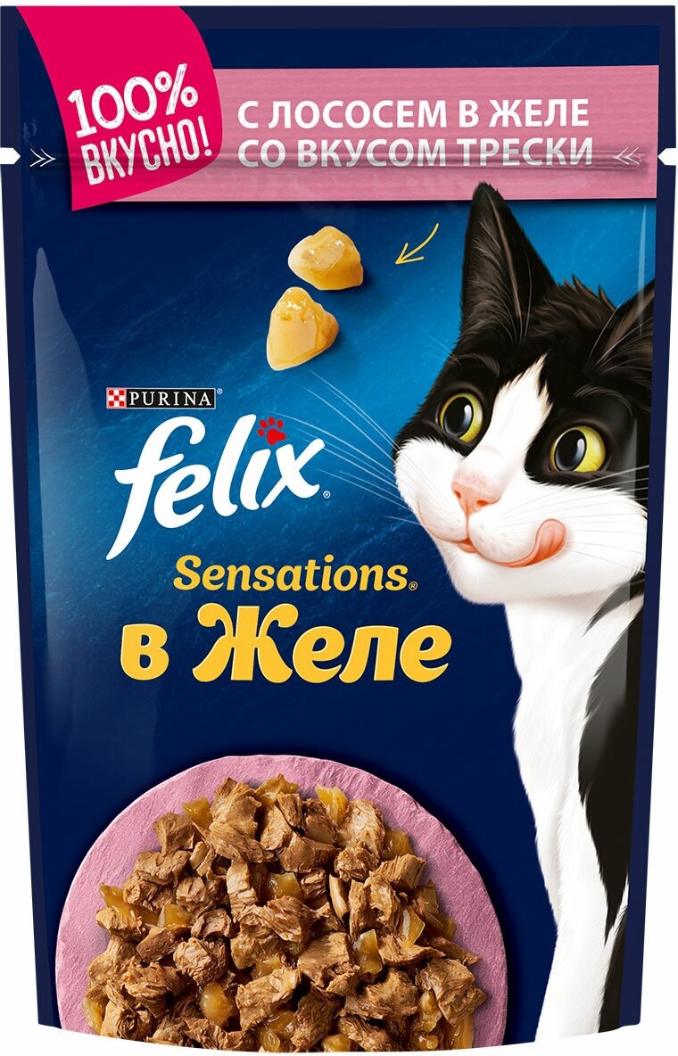 Влажный корм Felix Аппетитные кусочки. Двойная вкуснятина для взрослых кошек и котов с лососем и форелью в желе 85г 26 шт - фотография № 18