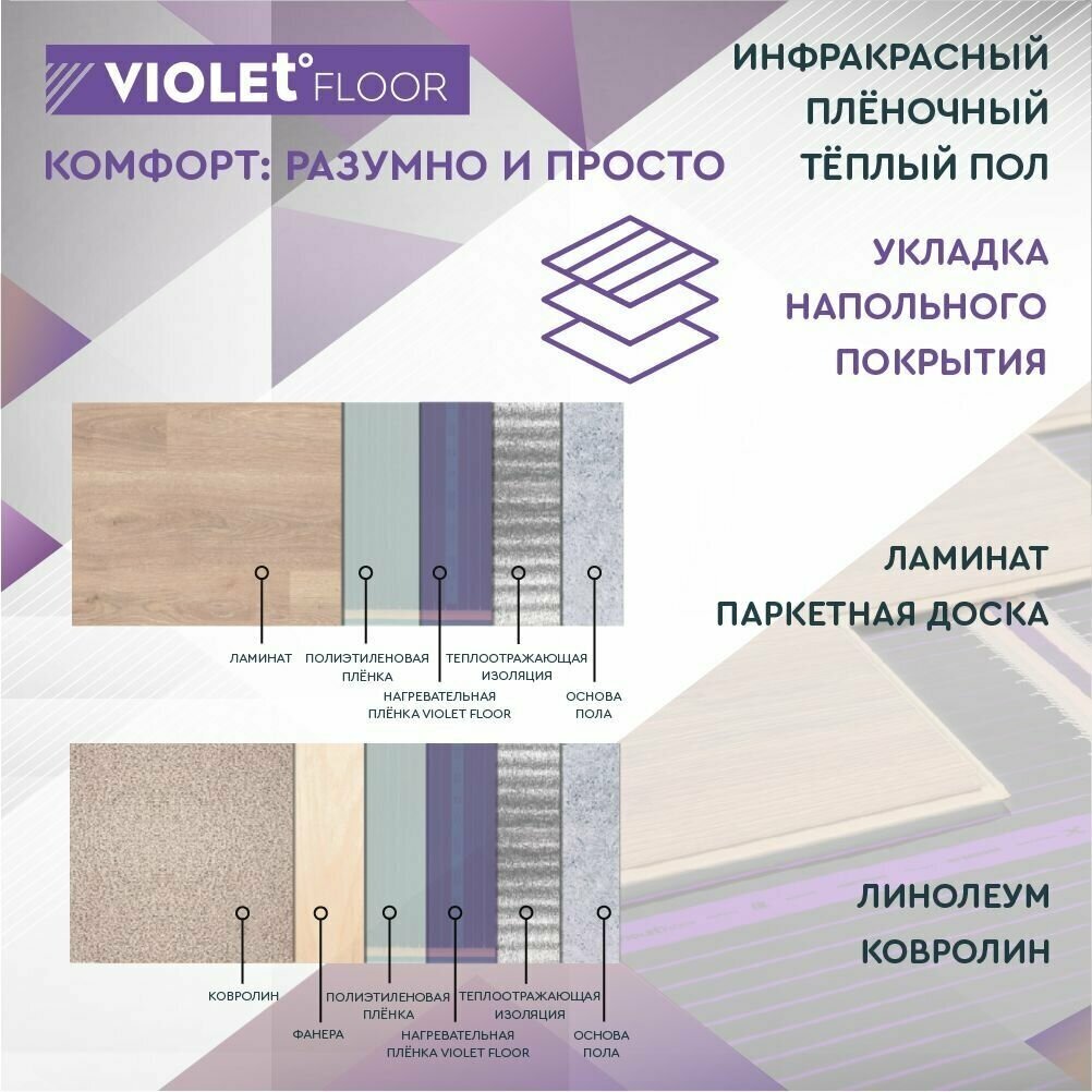 Теплый пол электрический пленочный инфракрасный VIOLET FLOOR 130, 4,5 м2, шир. 0,5 м - фотография № 7