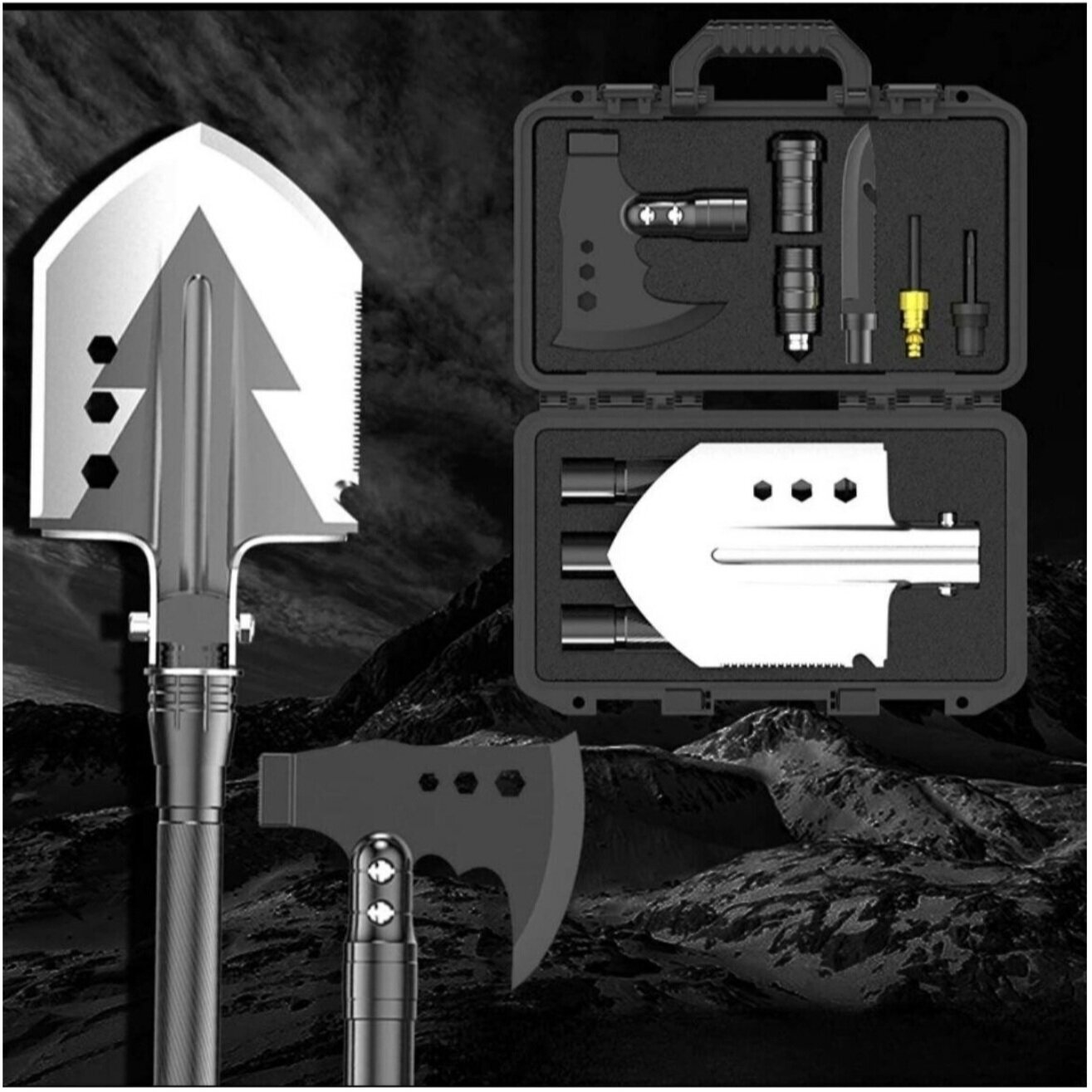 Многофункциональная лопата и топор , фонарь в кейсе туристический универсальный набор - фотография № 7