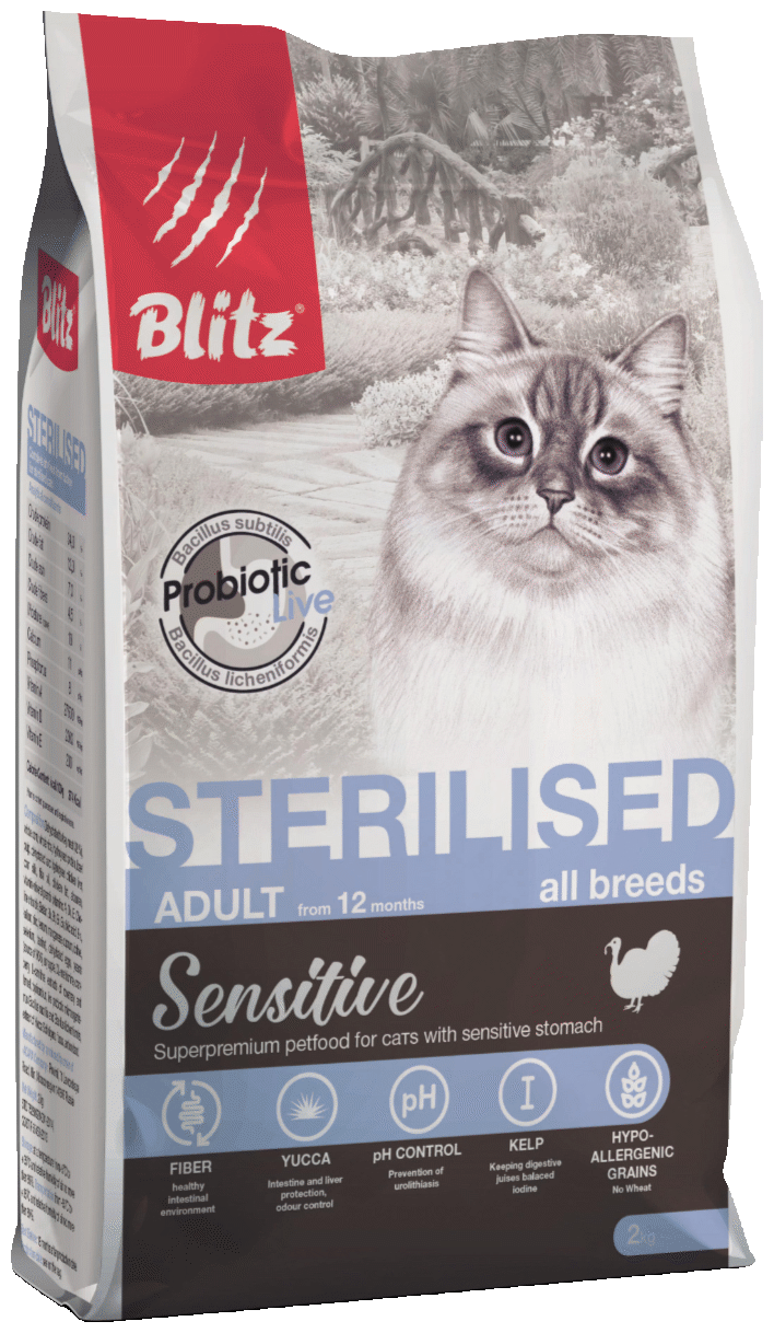 Blitz Sensitive Turkey Adult Sterilised Cat All Breeds сухой корм для стерилизованных кошек с индейкой 2 кг