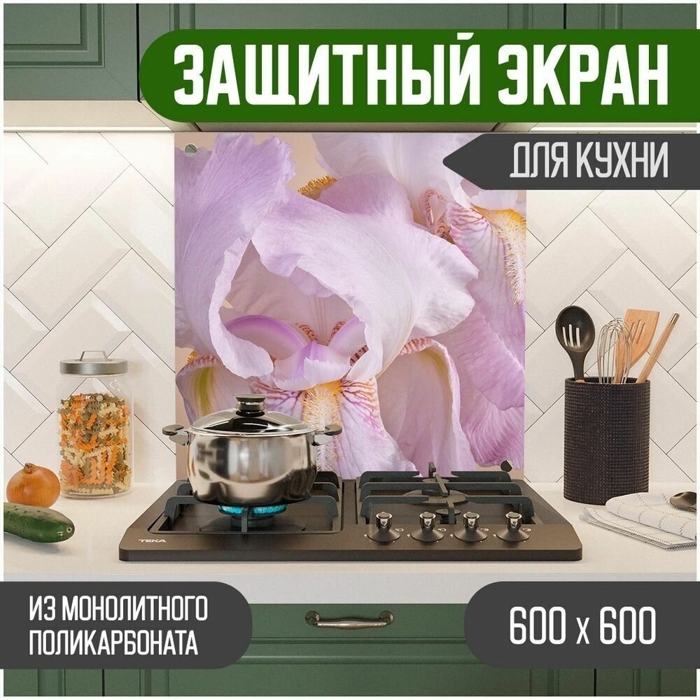 Защитный экран для кухни 600 х 600 х 3 мм "Цветы", акриловое стекло на кухню для защиты фартука, прозрачный монолитный поликарбонат, 600-019 - фотография № 1