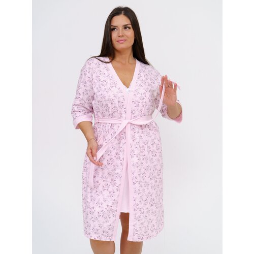 Комплект BUY-TEX.RU, сорочка, халат, укороченный рукав, трикотажная, карманы, пояс, размер 50, розовый
