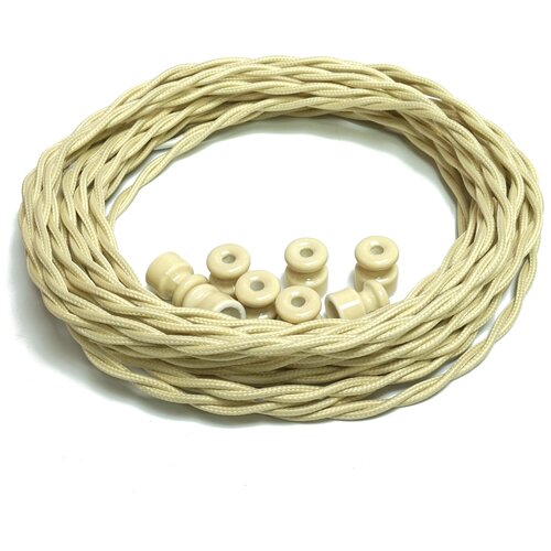 Комплект электрический кабель в декоративной текстильной оплетке 2х2,5 мм2, 5м, 15 керамических изоляторов(слоновая кость) и 15 саморезов