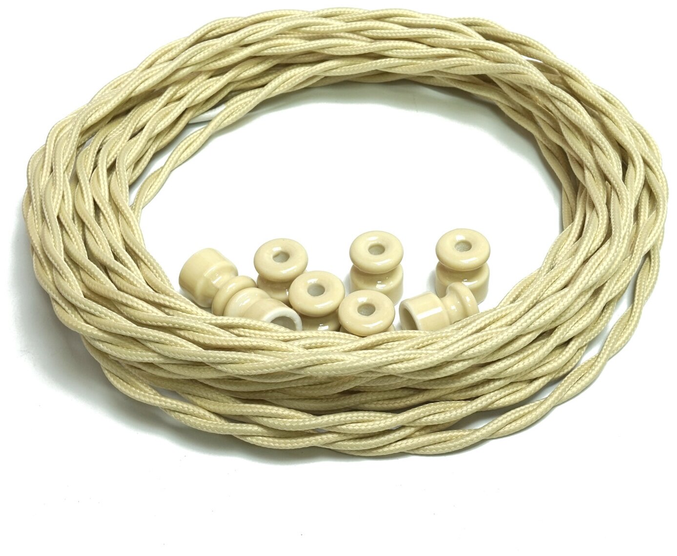 Комплект электрический кабель в декоративной текстильной оплетке 3х2,5 мм2, 5м, 15 керамических изоляторов(слоновая кость) и 15 саморезов - фотография № 2