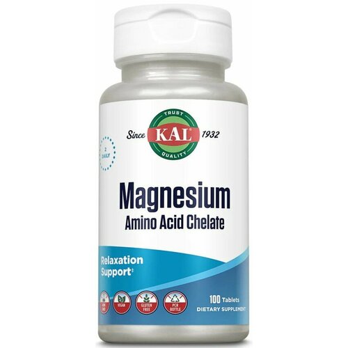 KAL Magnesium Amino Acid Chelate 100 tablets (хелат аминокислот магния) магний калий all nutrition tri magnesium potassium 100 капсул для нервной системы сердца мышц костей энергии