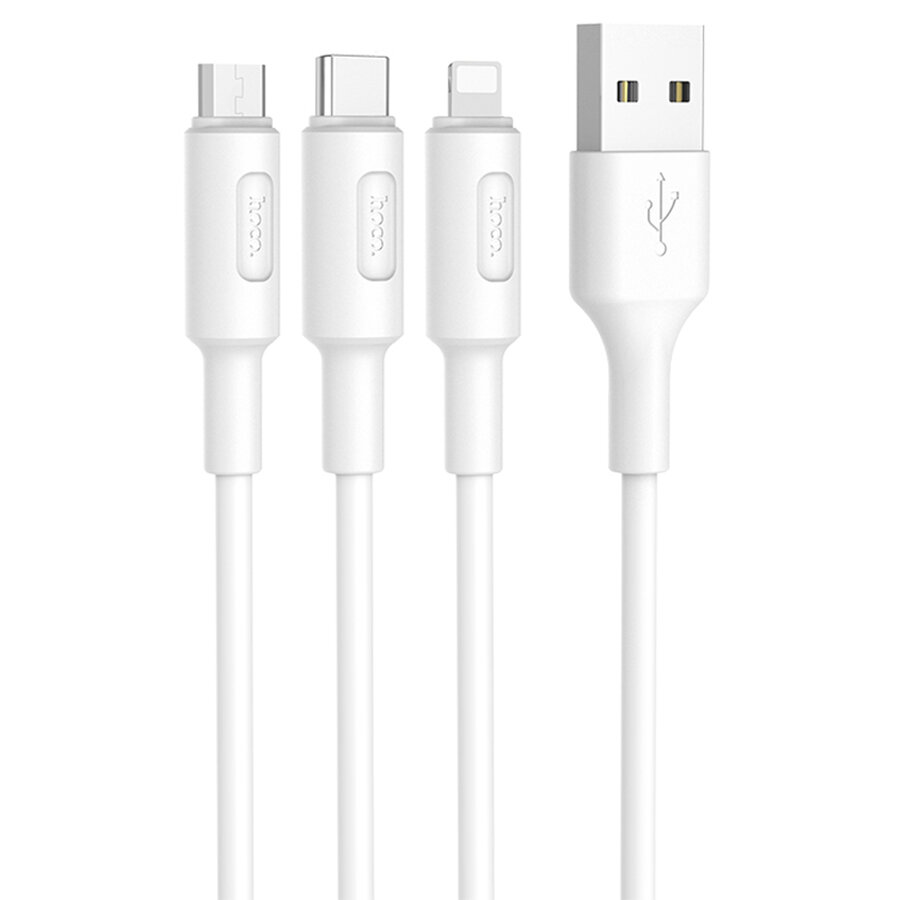 Кабель USB HOCO X25 Soarer 3 в 1 USB - Type-C + Lightning + MicroUSB, 2А, 1 м, белый