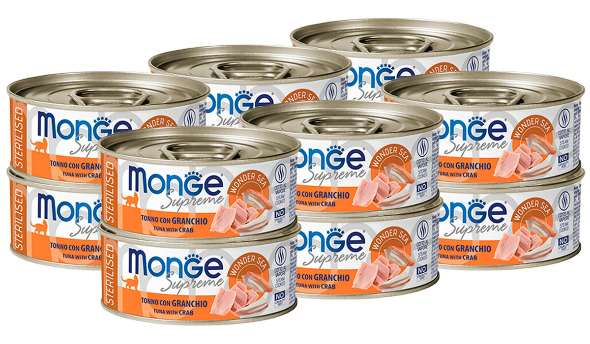 MONGE SUPREME CAT STERILISED для взр кастрирован котов и стерил кошек с тунцом и крабом банка 80 гр 80 гр х 12 шт
