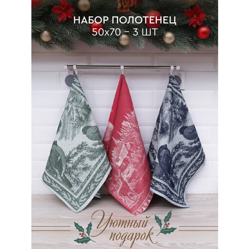 Набор кухонных полотенец 50х70 см, Жаккард, 3 шт, Зеленый, красный, синий