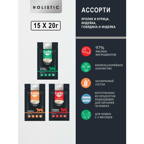 Лакомство для кошек Lucky bits Ассорти крем-суп из индейки, кролика и курицы, говядины и индейки, 3 упаковки по 5х20 г.