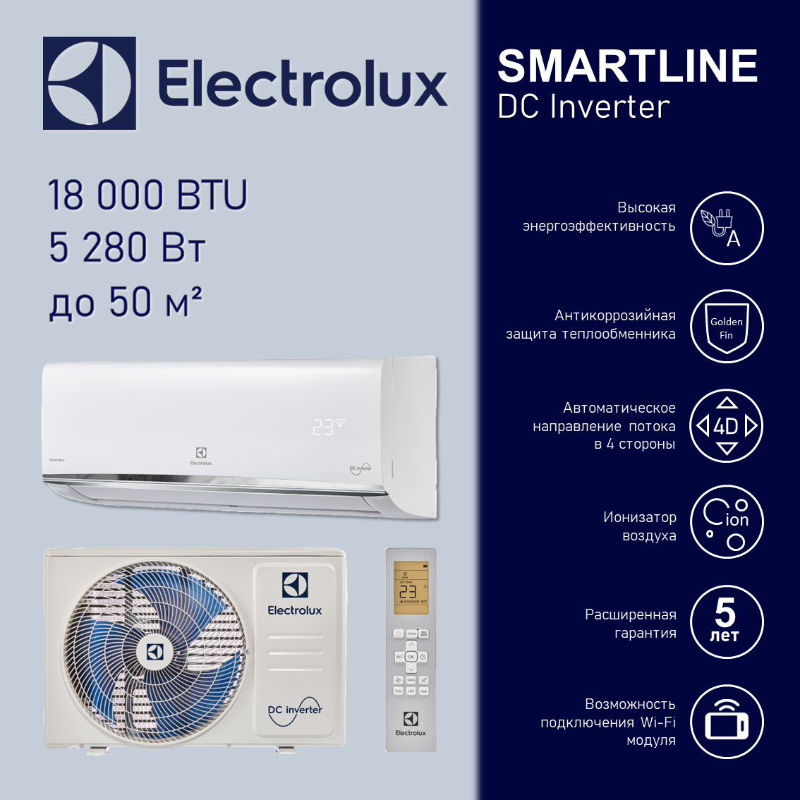 Electrolux Smartline DC Inverter EACS/I-18HSM/N8_V2 (на помещение до 50 м2)