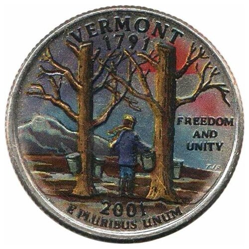 (014d) Монета США 2001 год 25 центов Вермонт Вариант №2 Медь-Никель COLOR. Цветная монета 25 центов вермонт штаты и территории сша р 2001 unc