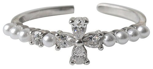 Кольцо WASABI jewell, жемчуг имитация, циркон, размер 16.5, ширина 9 мм, серебряный