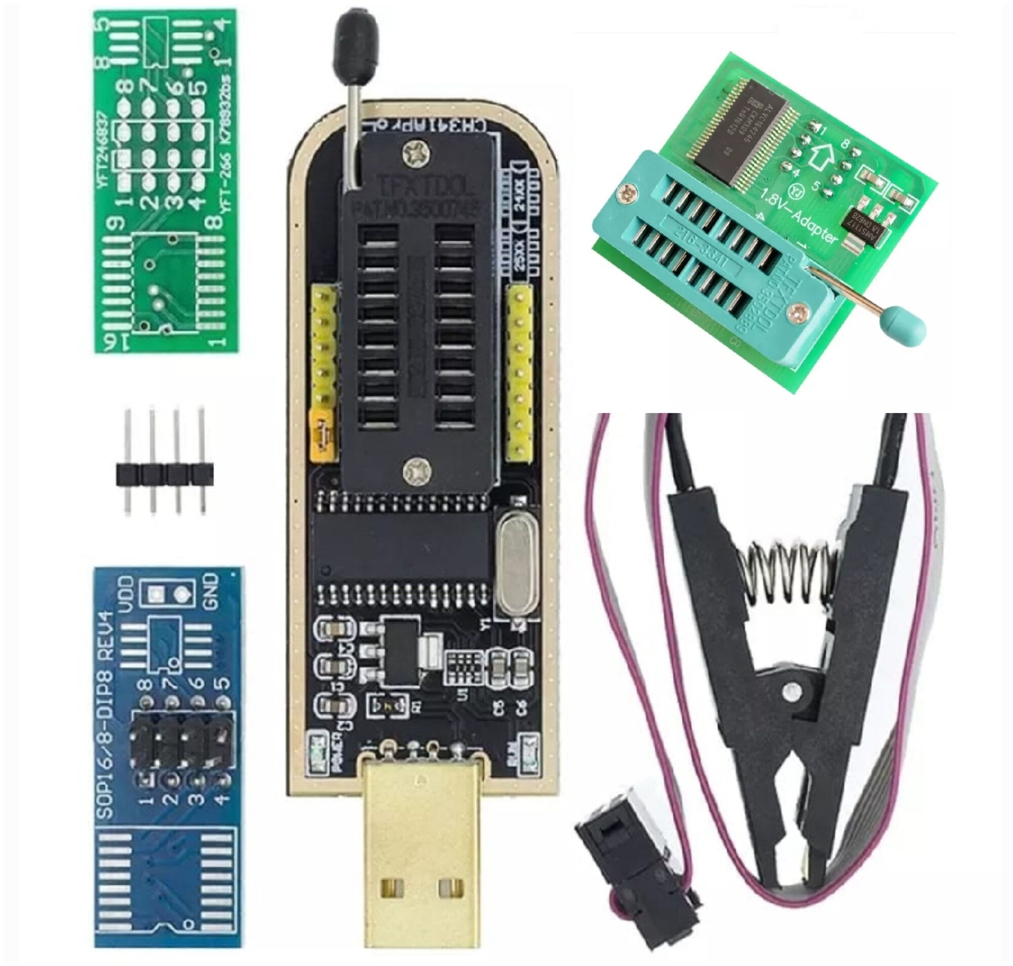 Программатор ch341a BIOS EEPROM / SPI FLASH с прищепкой+ Понижающий адаптер 18в для программатора CH341A (комплект)