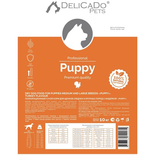 Сухой корм для щенков, беременных и кормящих сук DELICADO DOG PUPPY (с индейкой)