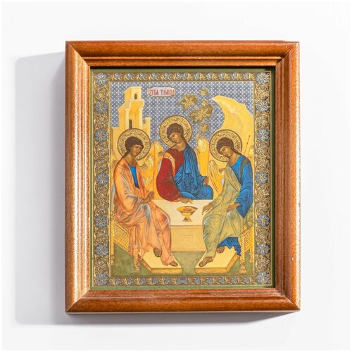 Икона Троица Ветхозаветная в раме, дерево, оргалит, стекло, печать на картоне