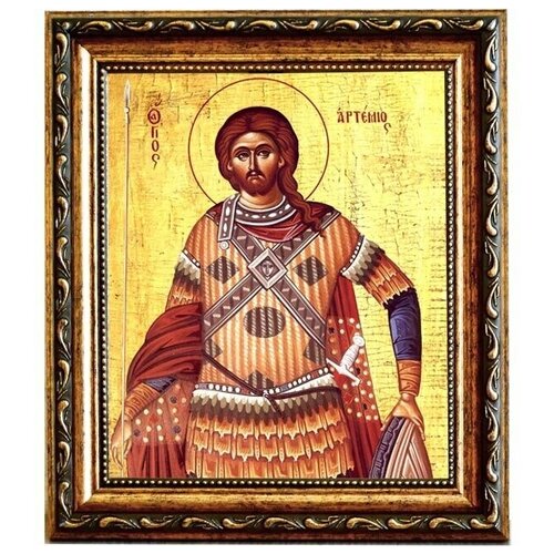 икона именная финифть в багете артемий Артемий Антиохийский Святой великомученик. Икона на холсте.
