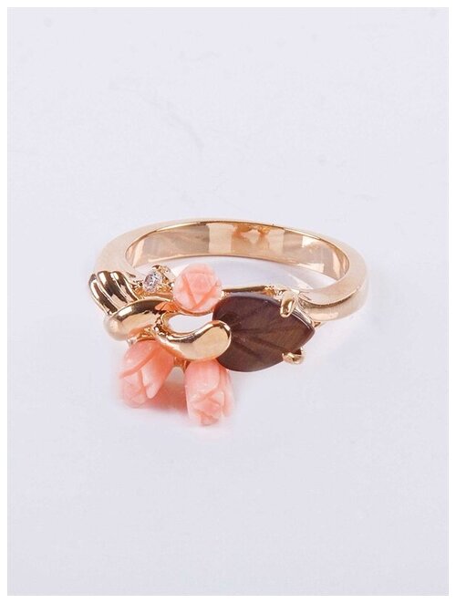 Кольцо помолвочное Lotus Jewelry, коралл, тигровый глаз, размер 17, розовый, коричневый