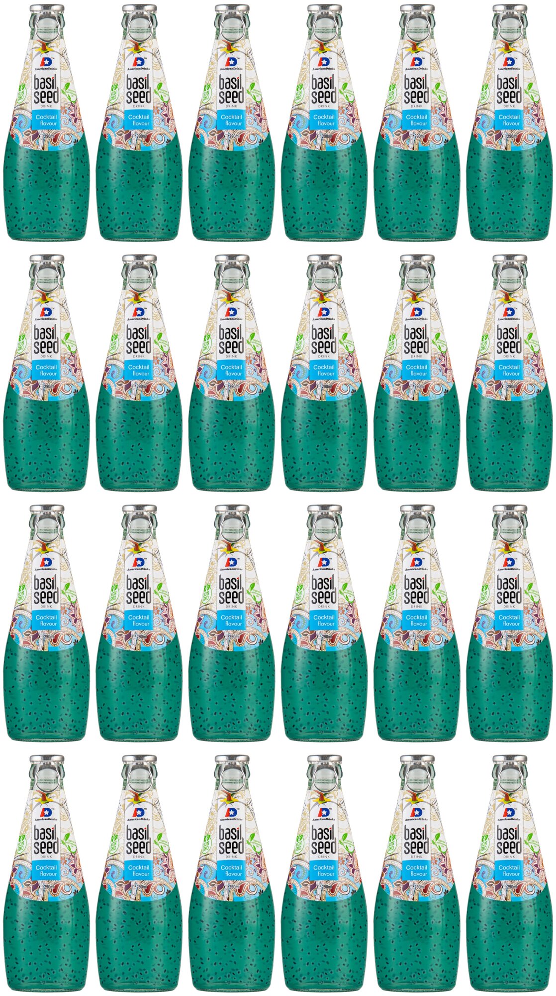 Сокосодержащий напиток American Drinks Basil Seed Cocktail (Экзотический коктейль (Ананас и личи)) стеклянная бутылка 290 мл., упаковка - 24 штуки - фотография № 1