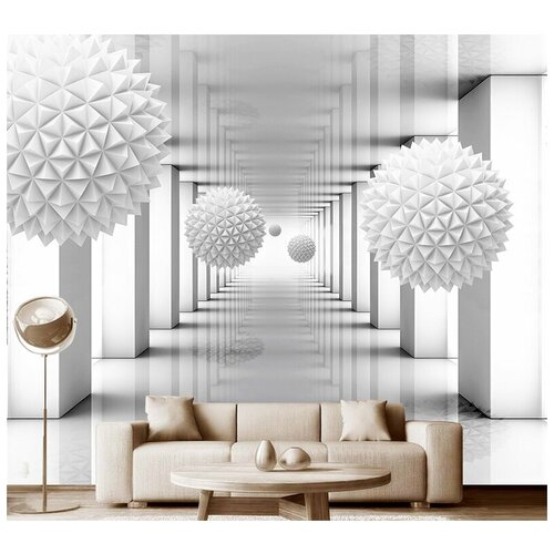 Фотообои на стену флизелиновые 3D Модный Дом Белые игольчатые шары в зале с колоннами 300x250 см (ШxВ)