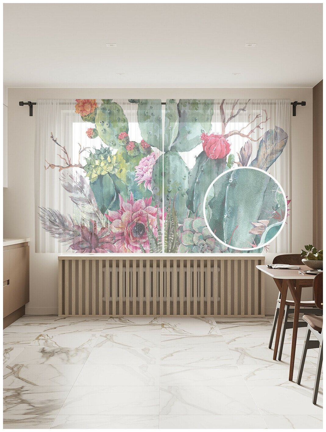 Тюль для кухни и спальни JoyArty "Цветущий букет кактусов", 2 полотна со шторной лентой шириной по 145 см, высота 180 см.