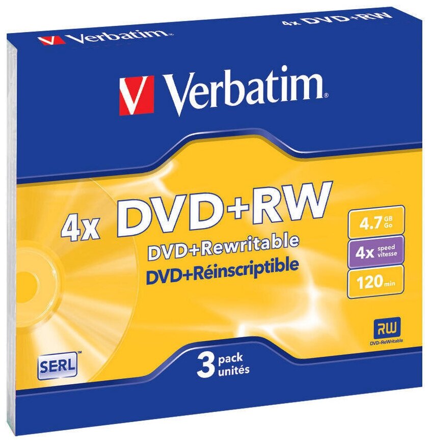 Оптический диск DVD+RW VERBATIM 4.7Гб 4x, 3шт, slim case [43636]