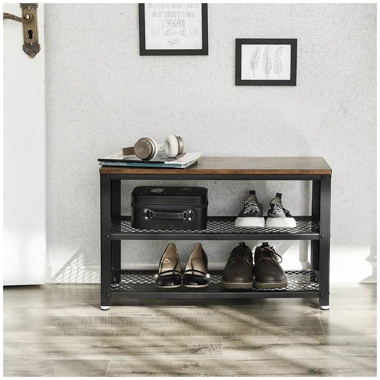 Полка для обуви, ДСП+сталь, 3 секции, 73х30х45 см, с сиденьем, коричневый, черная, Vasagle, Лофт, LBS73X - фотография № 7