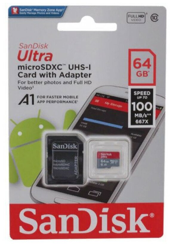 Карта памяти SanDisk microSDXC Ultra Class 10 UHS-I U1 (100/10MB/s) 64GB + ADP (SDSQUNR-064G-GN3MA)