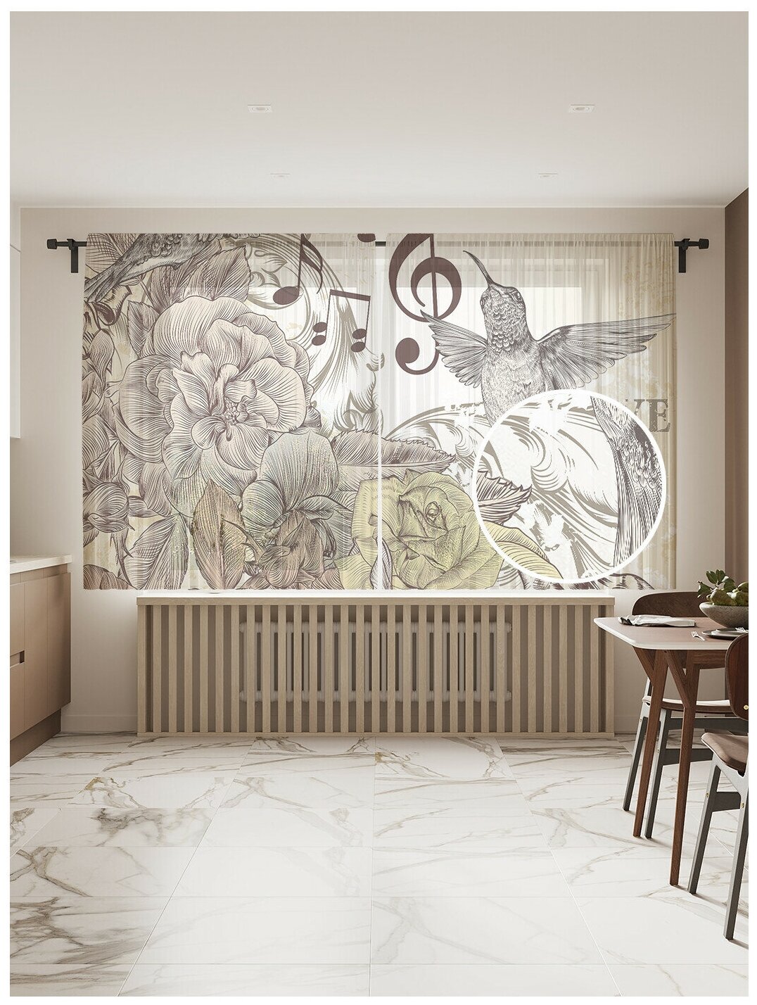 Тюль для кухни и спальни JoyArty "Птичьи ноты", 2 полотна со шторной лентой шириной по 145 см, высота 180 см.