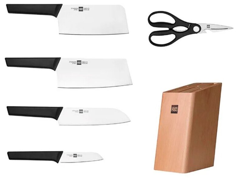 Набор стальных ножей (4 ножа ножницы деревянная подставка из сосны) Huo Hou 6-Piece Kitchen Knife Set Lite (HU0058) черный