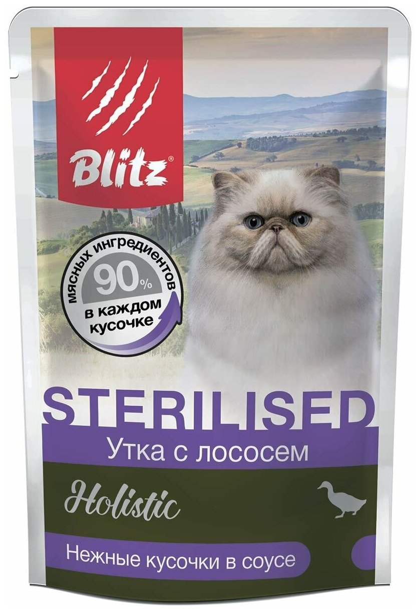 Корм влажный Blitz Holistic Sterilised Cat для стерилизованных кошек (утка с лососем) полнорационный, 12 шт