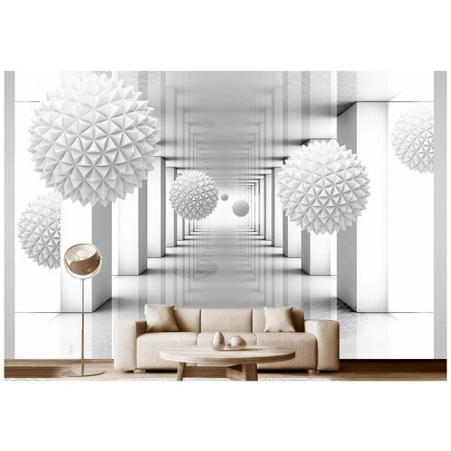 Фотообои на стену флизелиновые 3D Модный Дом Белые игольчатые шары в зале с колоннами 400x260 см (ШxВ)