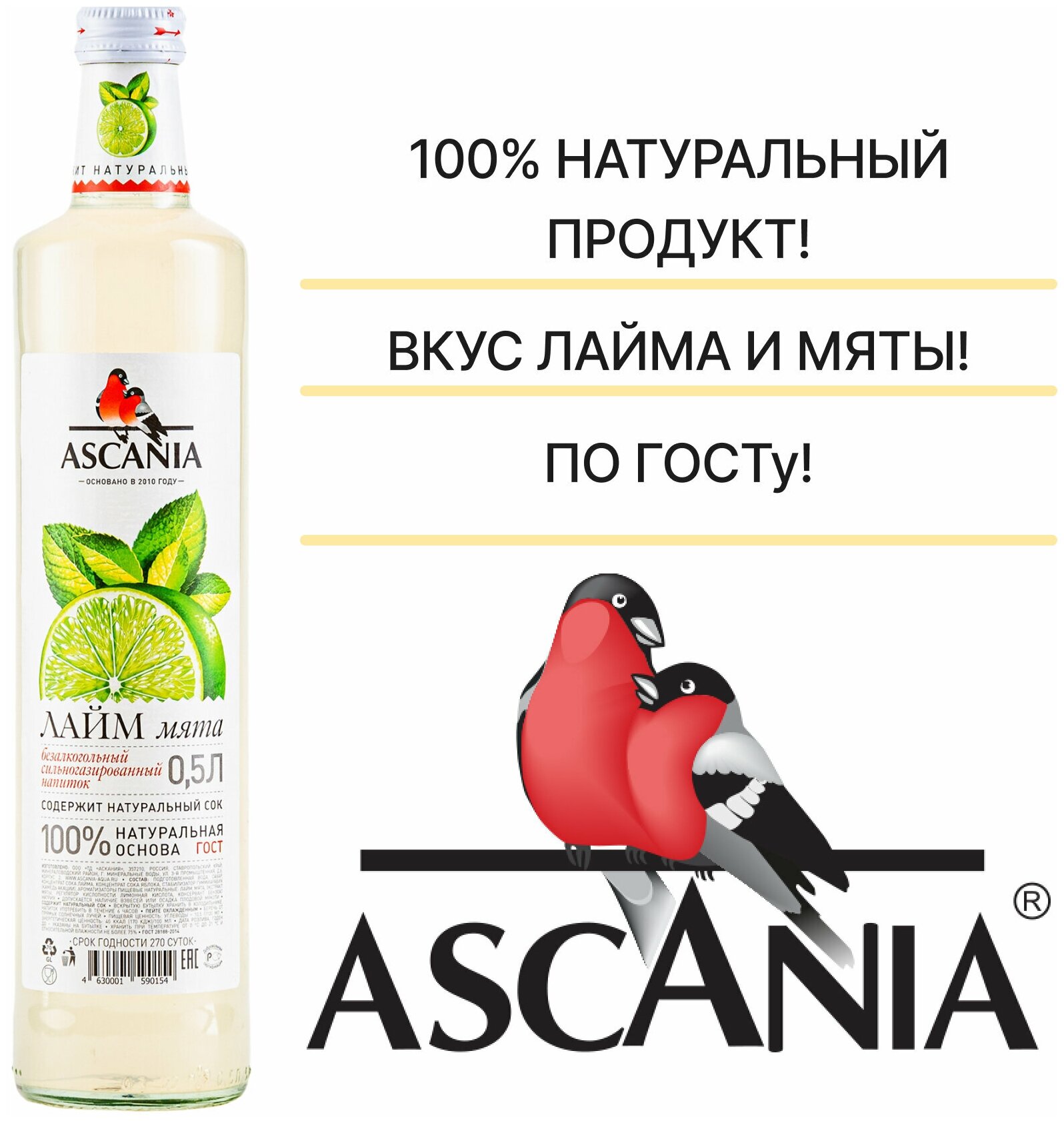Газированный натуральный лимонад Ascania (Аскания) Лайм-Мята 1.0 л ПЭТ упаковка 6 штук - фотография № 4