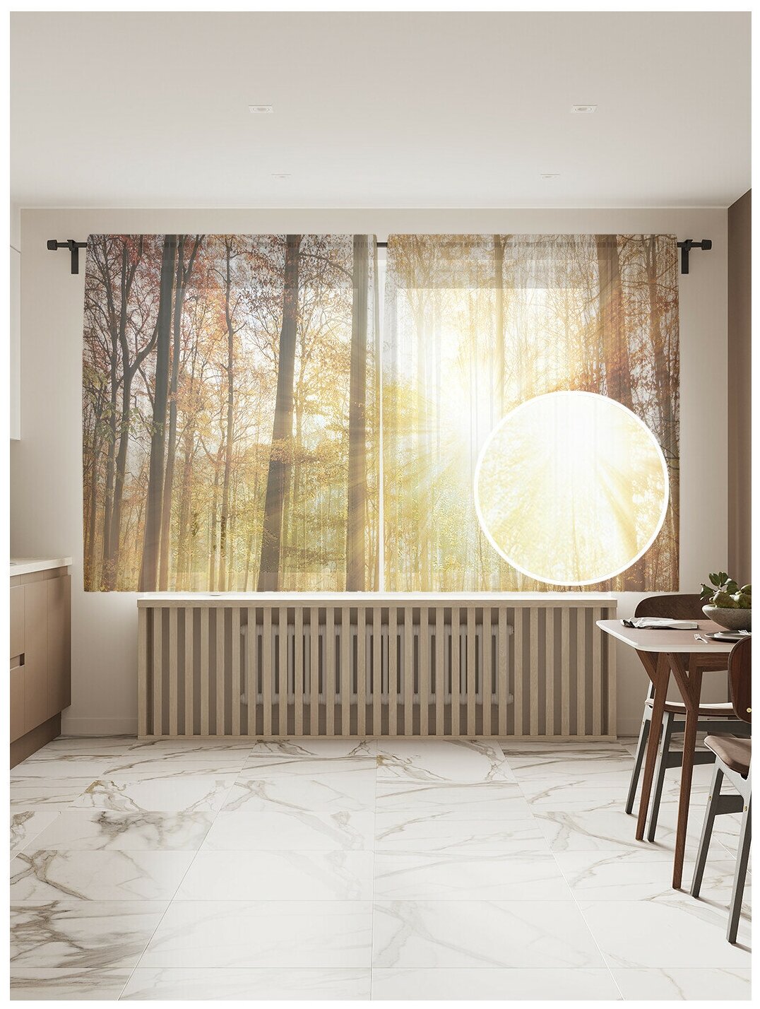 Тюль для кухни и спальни JoyArty "Лесное солнце", 2 полотна со шторной лентой шириной по 145 см, высота 180 см.