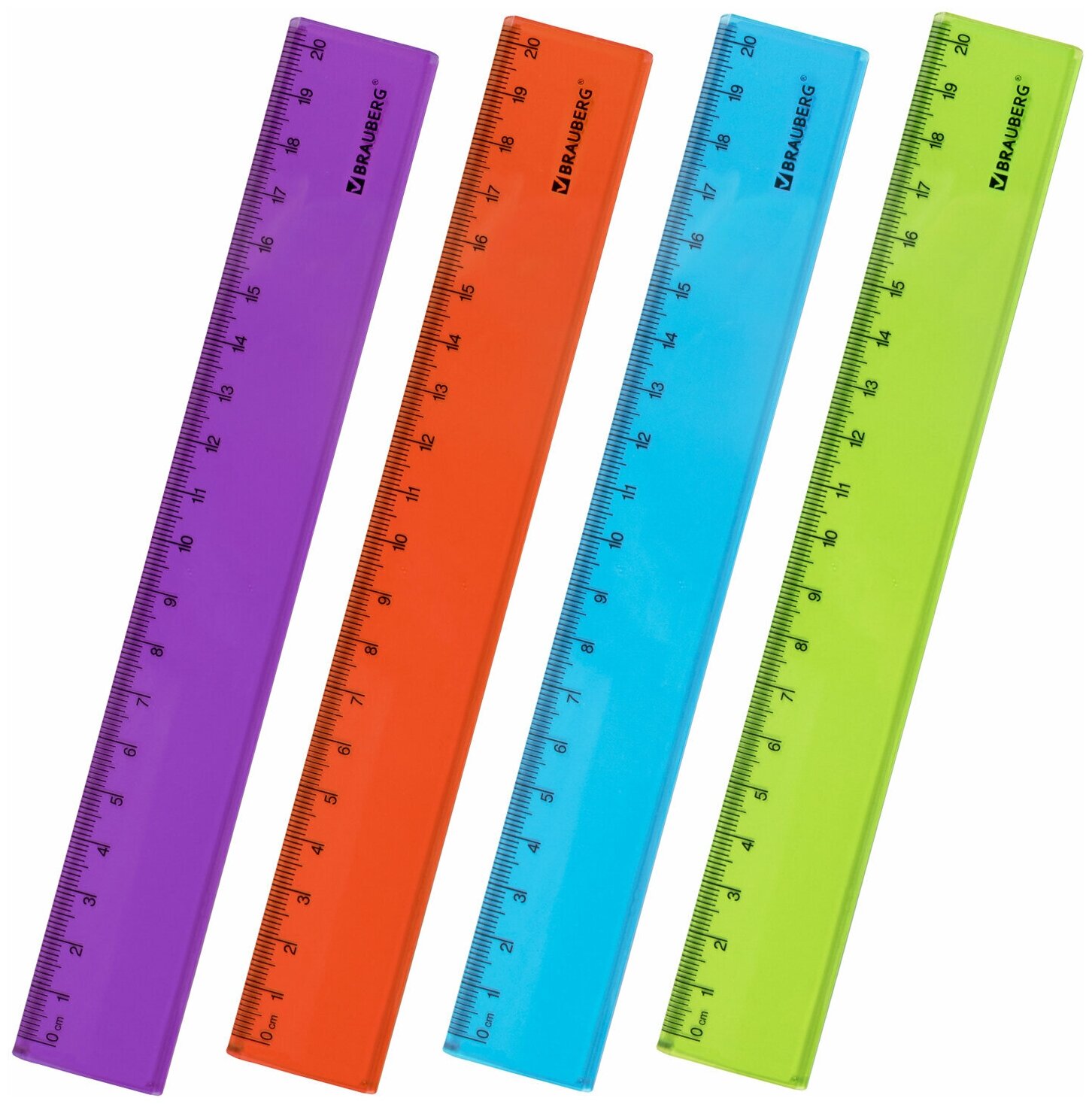 Линейка пластиковая 20 см BRAUBERG "NEON", непрозрачная, ассорти, 210773