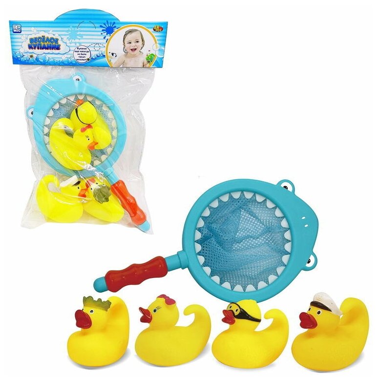 Набор игрушек для ванной ABtoys Веселое купание Уточки для ванны, 4шт и сачок-акула PT-01243